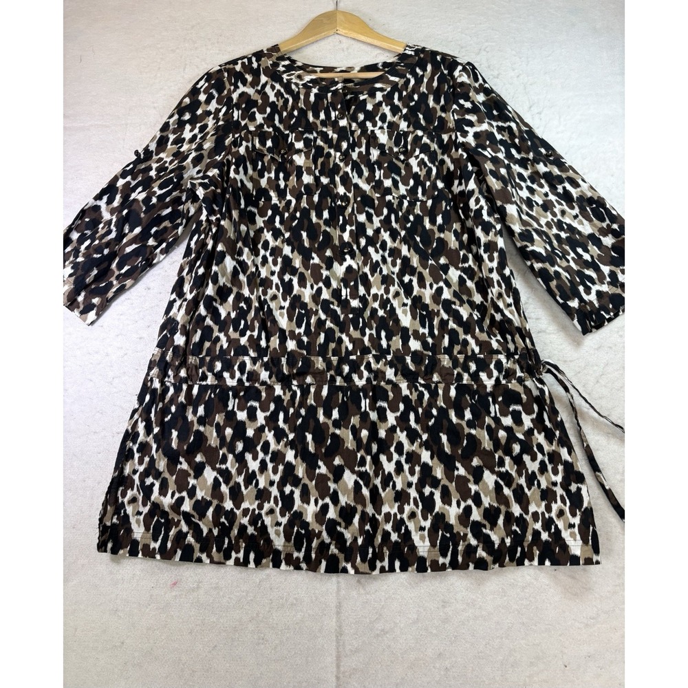 CHARTER CLUB Women's 16W Leopard Print Banded Collar Belted Tunic 3/4 Sleeve Top